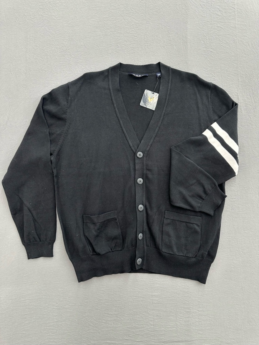 Vesi Men's Black V-Neck Button Cardigan Sweater with Sleeve Stripes
